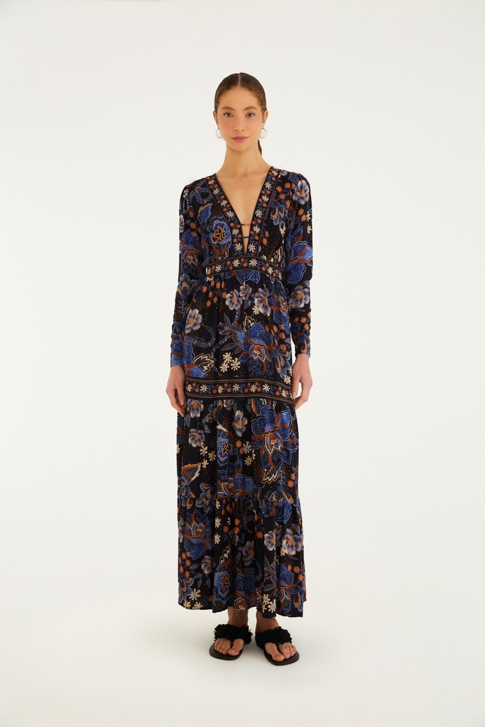 Vestido Longo Manga Noite Florida 