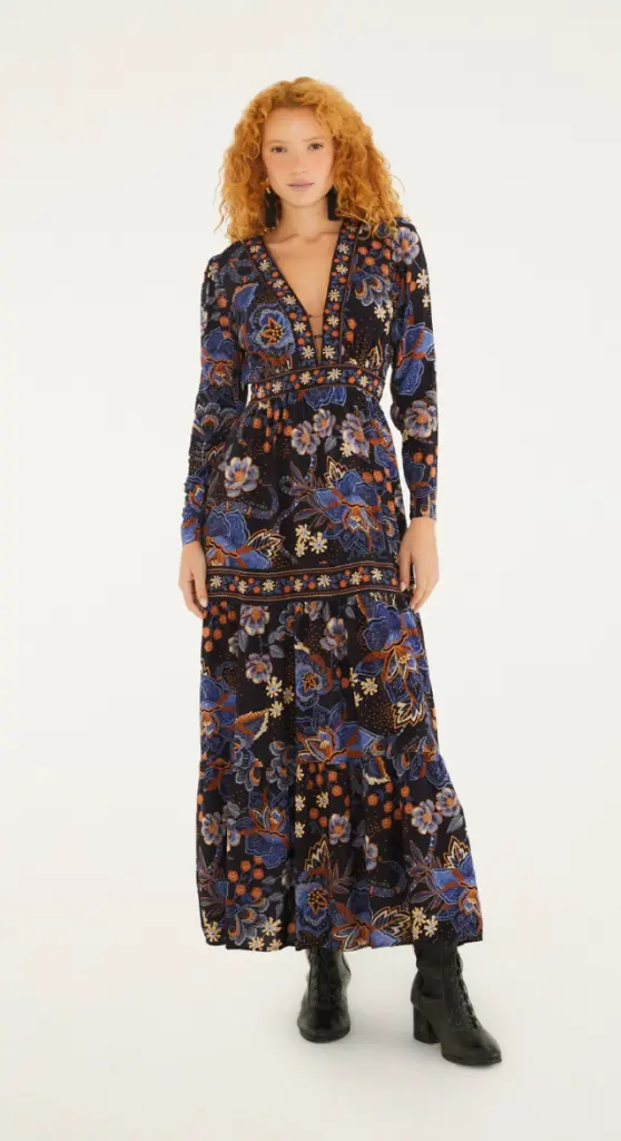 Vestido Longo Manga Noite Florida 