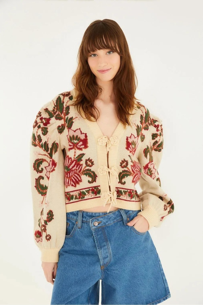 Cardigan Curto Tricot Romance de Flor