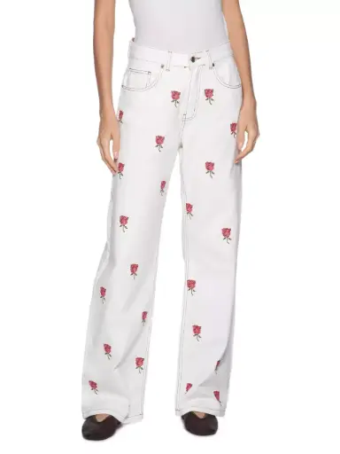 Calca Sarja Wide Bordada Flor